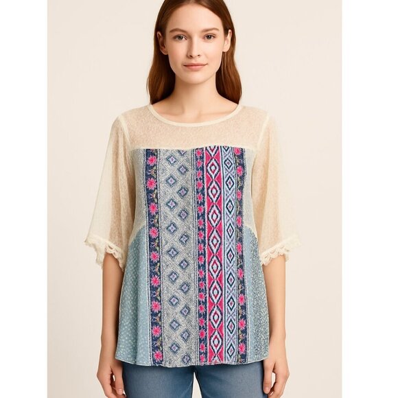 Umgee Tunic Blouse M Boho 3/4 Open Split Sleeve Lace Bow Tie Back Multicolor - Picture 1 of 5